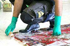 Mitarbeiter reinigt die Teppichfransen per Hand